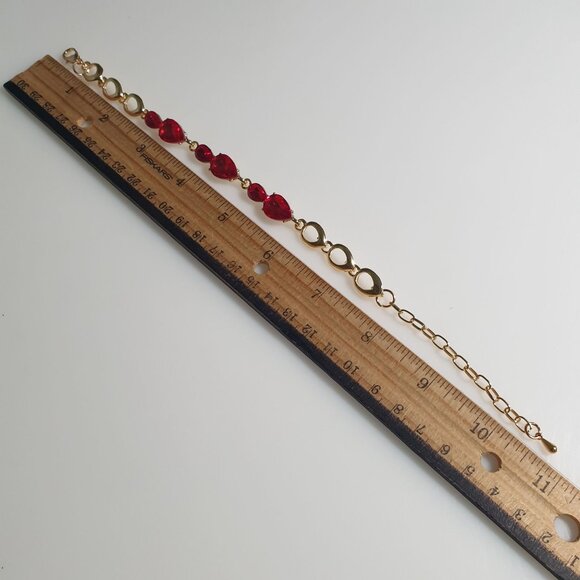 Gold Tone Chain Bracelet Red Teardrop Gemstones Lobster Clasp Adjustable Jewelry - Picture 4 of 6